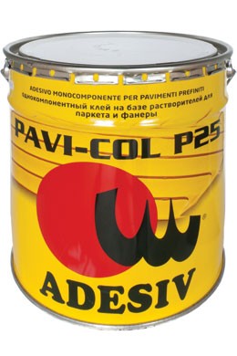 Однокомпонентный каучуковый клей ADESIV (Адезив) PAVI-COL P25 (21 кг) Не содержит влаги, отличная адгезия ко всем основаниям с высокой адсорбцией, сохраняет эластичность после затвердевания. Не предназначен для гладких, не впитывающих поверхностей и крупноформатного паркета.